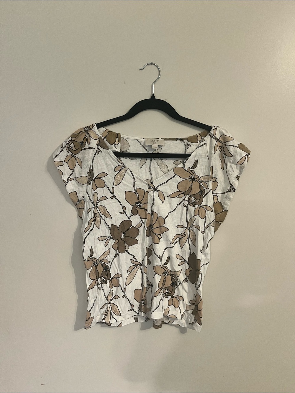 LOFT Petite White Floral Cap Sleeve Top with Brown Floral Print